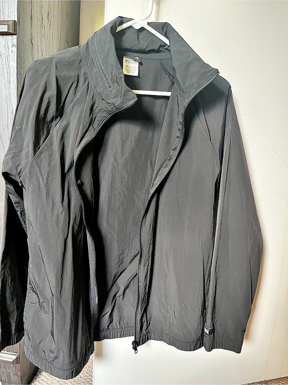 Victoria's Secret PINK Black Full Zip Hidden Hood Windbreaker Jacket S/M